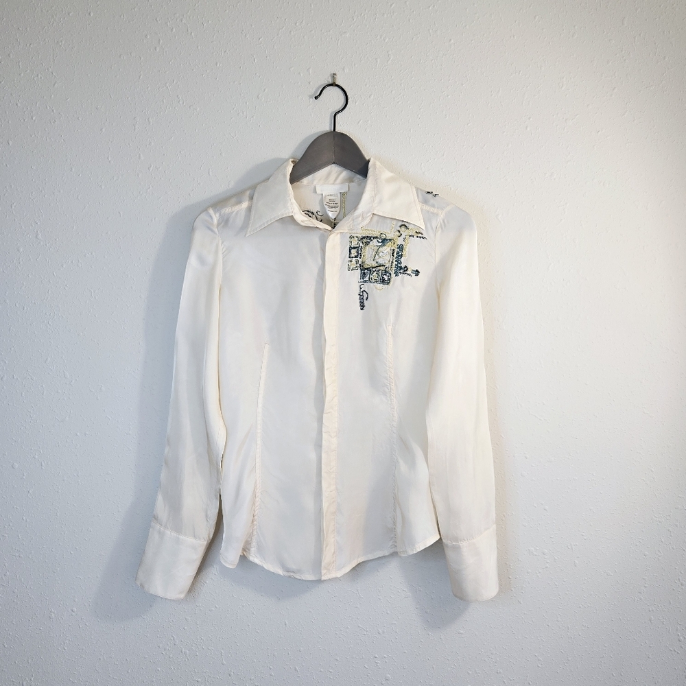 DIESEL Women’s Beige Satin EMBROIDERY Beads Button Up Shirt  Size Small NWT